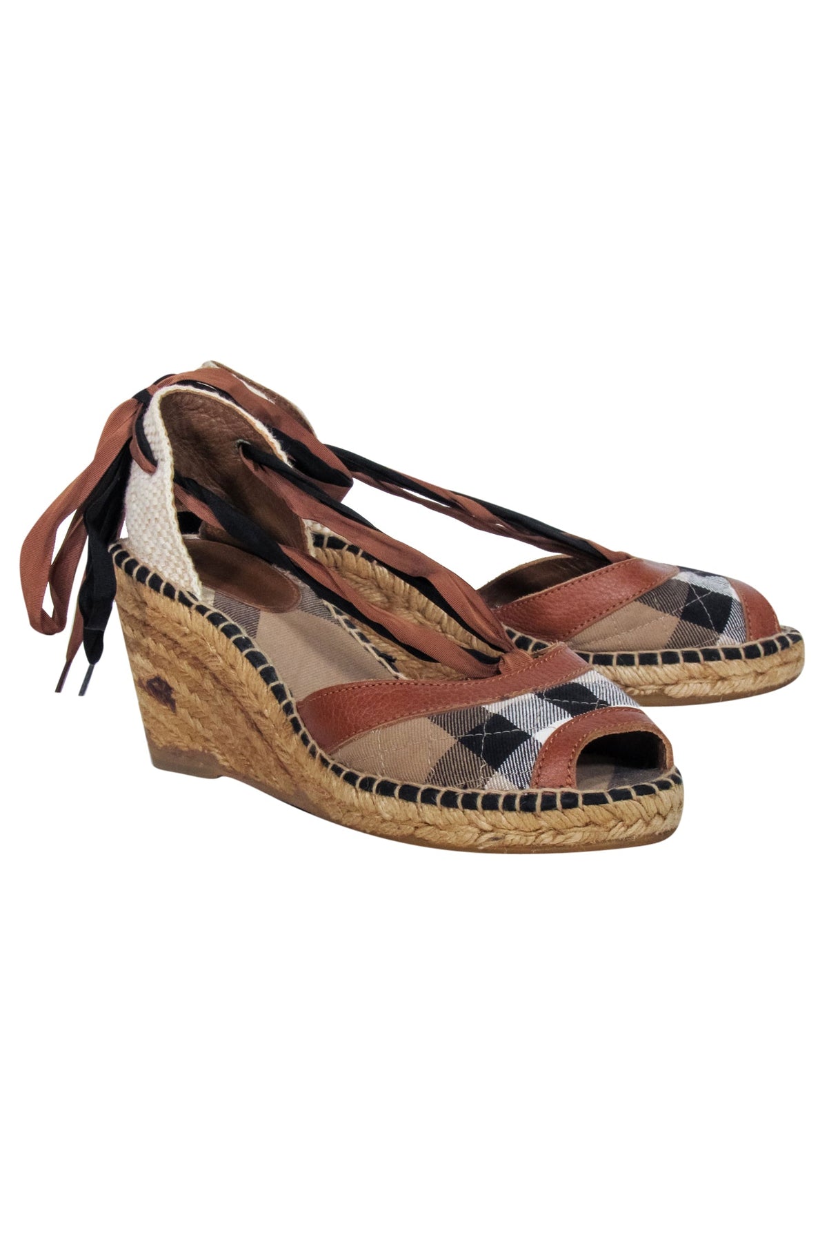 Current Boutique-Burberry - Tan Signature Plaid Strappy Wedges Sz 10