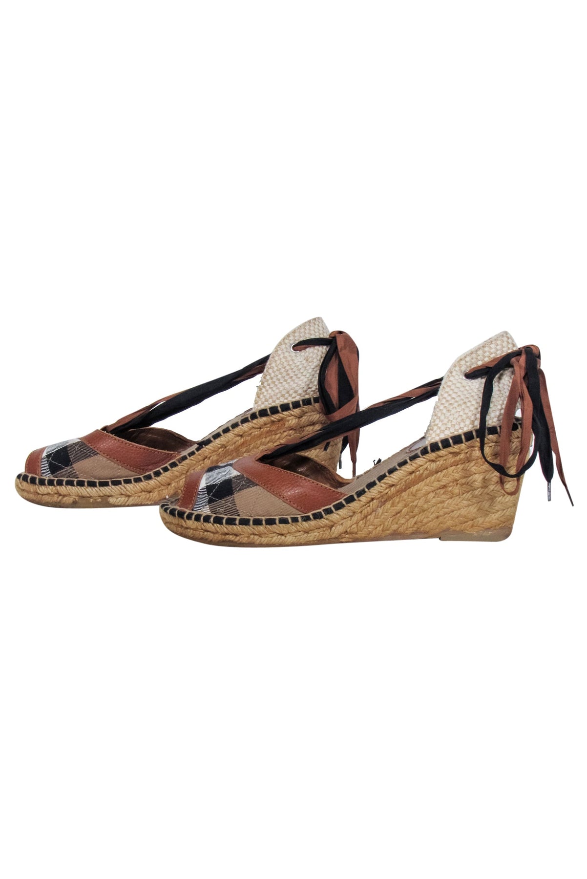 Current Boutique-Burberry - Tan Signature Plaid Strappy Wedges Sz 10