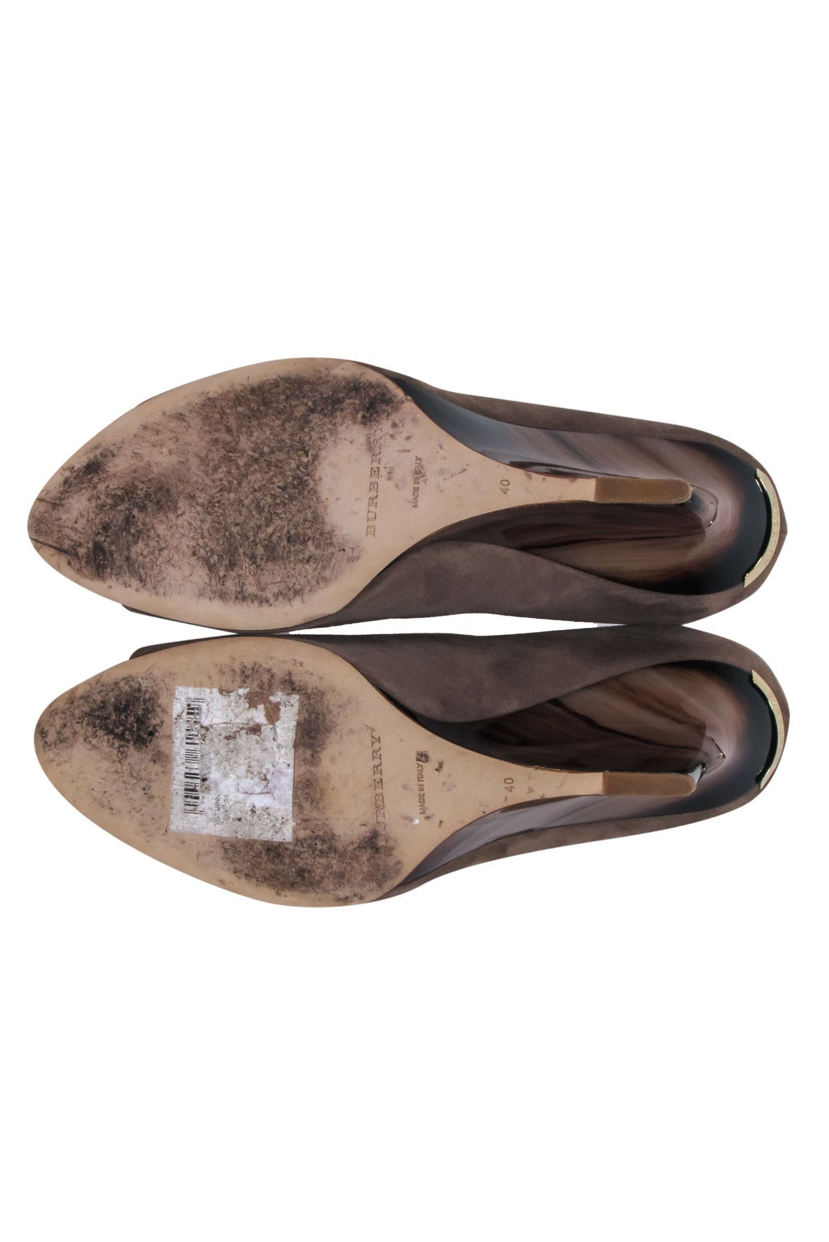 Current Boutique-Burberry - Taupe Suede Slip-On Wedges w/ Marbled Heel Sz 10