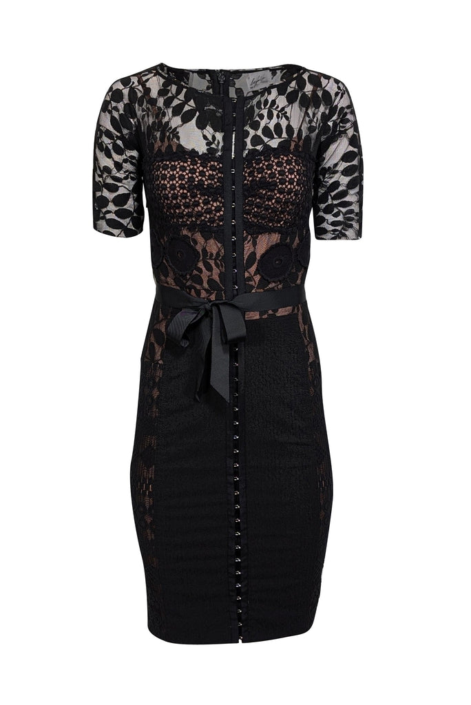 Beguile by Byron Lars - Black Lace Short Sleeve Sheath Dress Sz S Beguile by Byron Lars - Black Lace Short Sleeve Sheath Dress Sz S