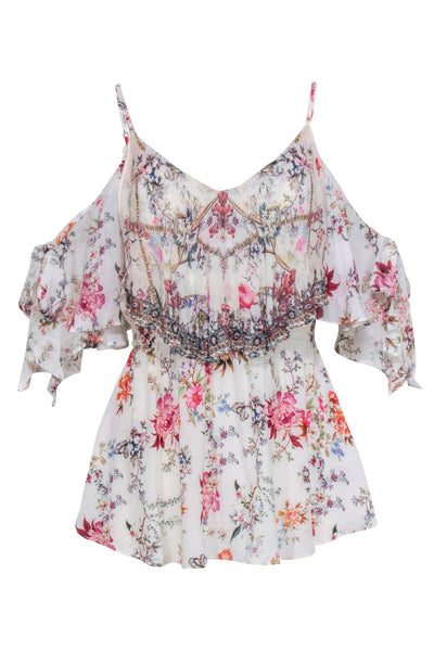 Current Boutique-Camilla - White Silk Beaded Double Layer Camisole Top Sz S