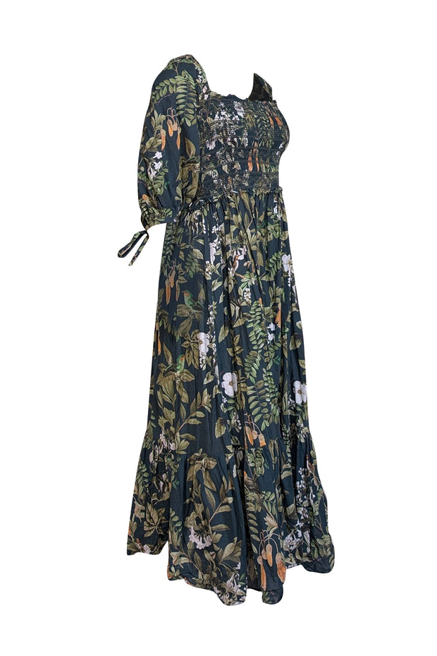 Cara Cara - Green Floral Print Cotton Puff Sleeve Midi Dress Sz L Cara Cara - Green Floral Print Cotton Puff Sleeve Midi Dress Sz L