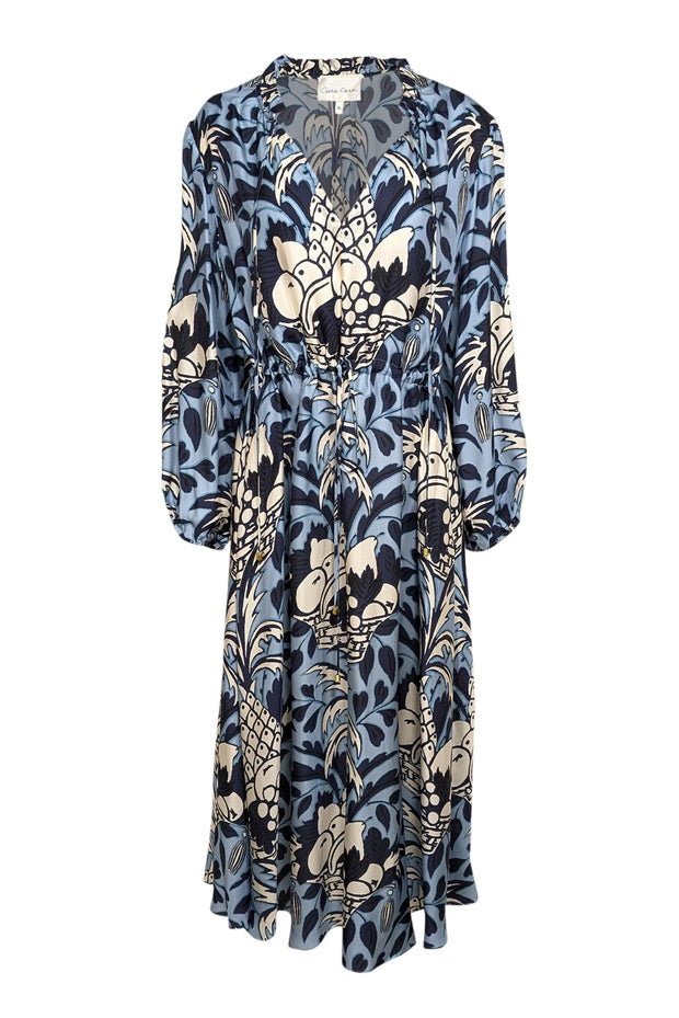 Cara Cara - Blue, Navy, & White Fruit Print Silk-Viscose Blend Maxi Dr Cara Cara - Blue, Navy, & White Fruit Print Silk-Viscose Blend Maxi Dr