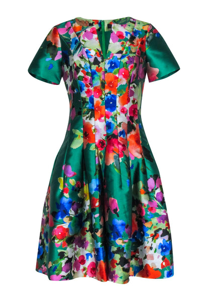 Current Boutique-Carlisle - Green & Multi Color Floral Print Short Sleeve Dress Sz 2