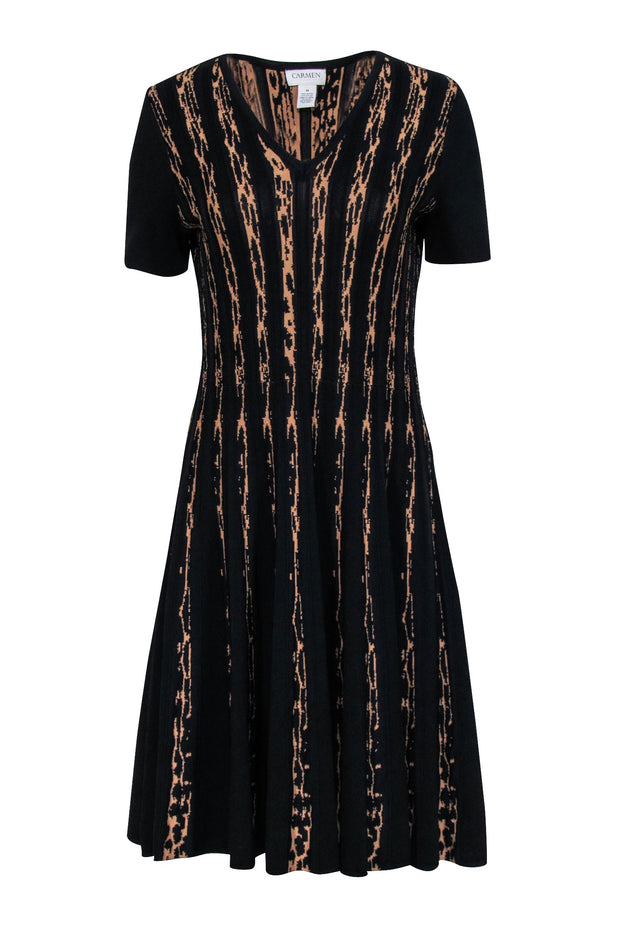 Carmen Marc Valvo - Tan & Black Short Sleeve Ribbed Knit V-Neck Dress Sz M Carmen Marc Valvo - Tan & Black Short Sleeve Ribbed Knit V-Neck Dress Sz M