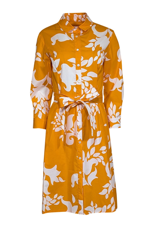 Carolina Herrera - Orange & White Floral Print Cotton Shirtdress Sz 8 Carolina Herrera - Orange & White Floral Print Cotton Shirtdress Sz 8