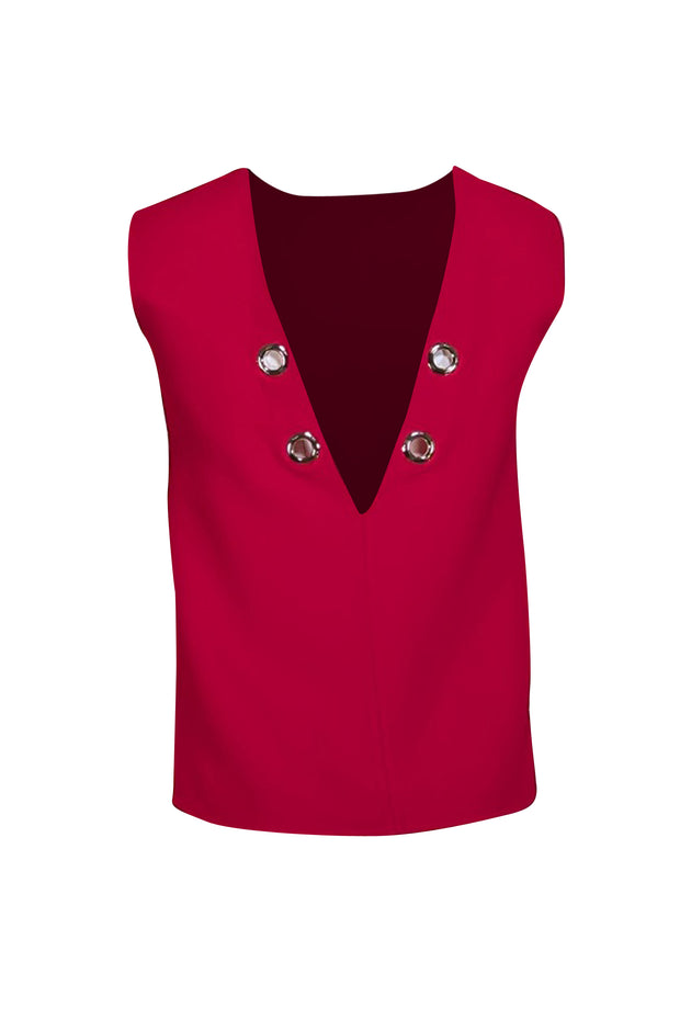 Carolina Herrera - Red Sleeveless Silver Grommet Back Top Sz 4 - Current Boutique