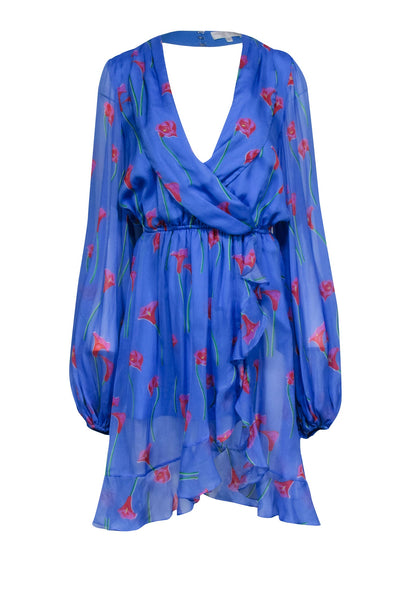 Caroline Constas Olivia Floral-Print Silk Ruffle Open-Back Dress, Blue, Women's, Medium