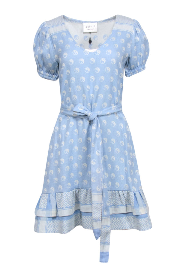 Cecilie Copenhagen - Light Blue & Ivory Yin & Yang Belted Mini Dress Sz S Cecilie Copenhagen - Light Blue & Ivory Yin & Yang Belted Mini Dress Sz S