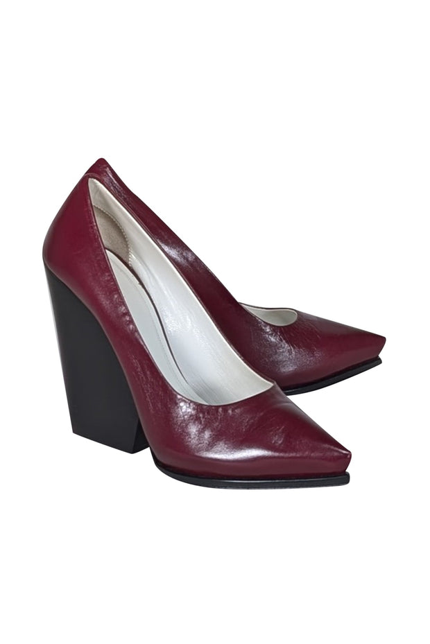 Current Boutique-Celine - Maroon Leather Chunky Heel Pumps Sz 10