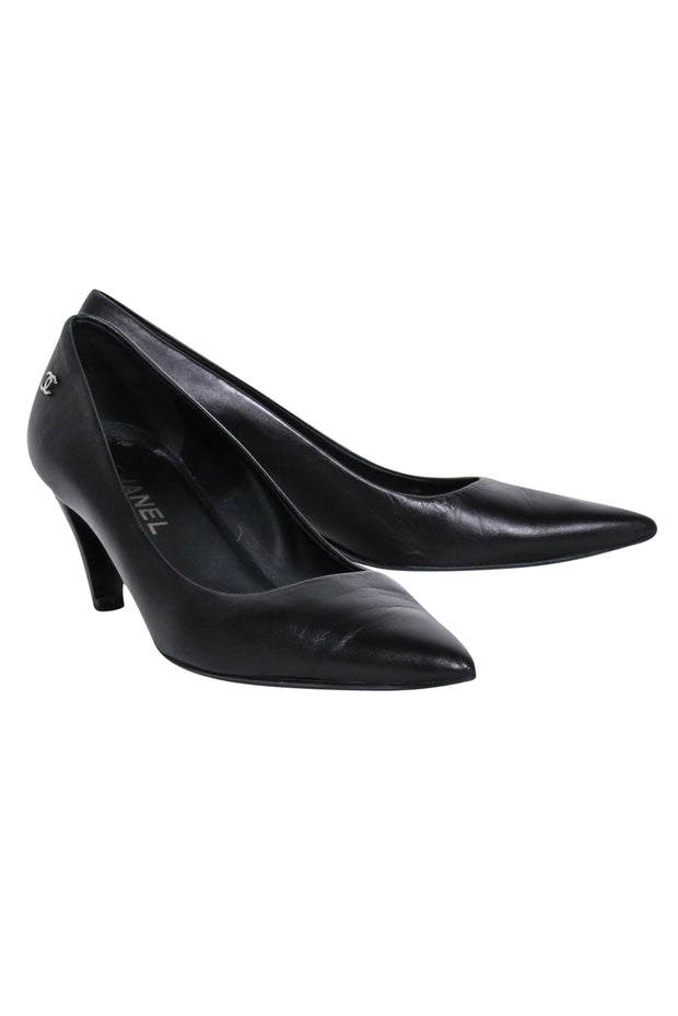 Current Boutique-Chanel - Black Leather Pointed Basic Pumps Sz 8.5