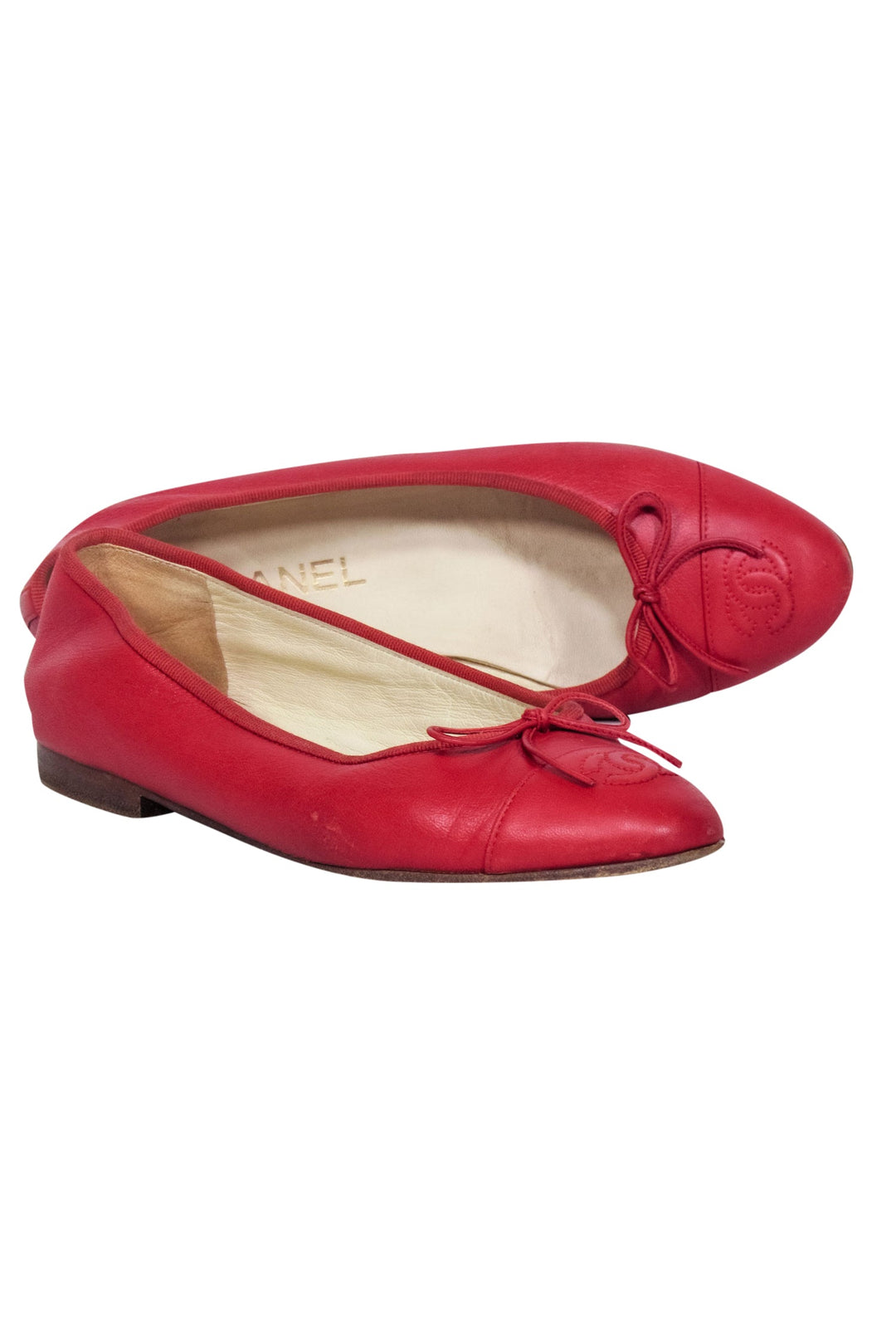 Chanel Red Leather Logo Toe Flats Sz Current Boutique