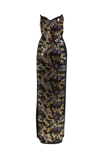 Chiara Boni - Black w/ Green & Gold Camo Sequins Strapless Gown Sz 8 Chiara Boni - Black w/ Green & Gold Camo Sequins Strapless Gown Sz 8