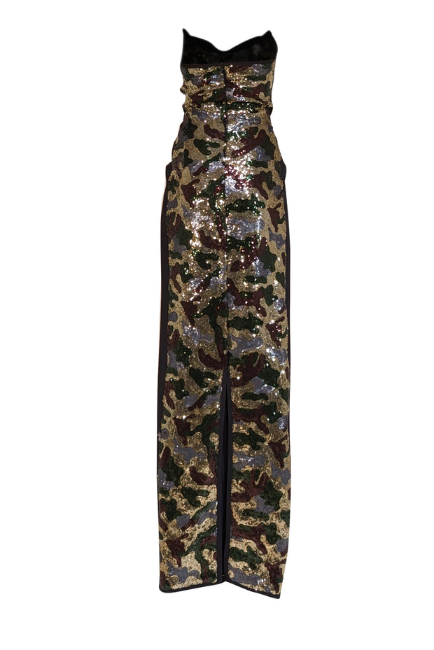 Chiara Boni - Black w/ Green & Gold Camo Sequins Strapless Gown Sz 8 Chiara Boni - Black w/ Green & Gold Camo Sequins Strapless Gown Sz 8