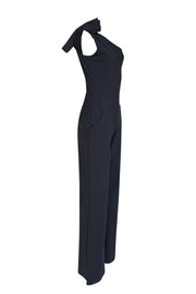 Current Boutique-Chiara Boni - Black Sleeveless Bow One Shoulder Jumpsuit Sz 10