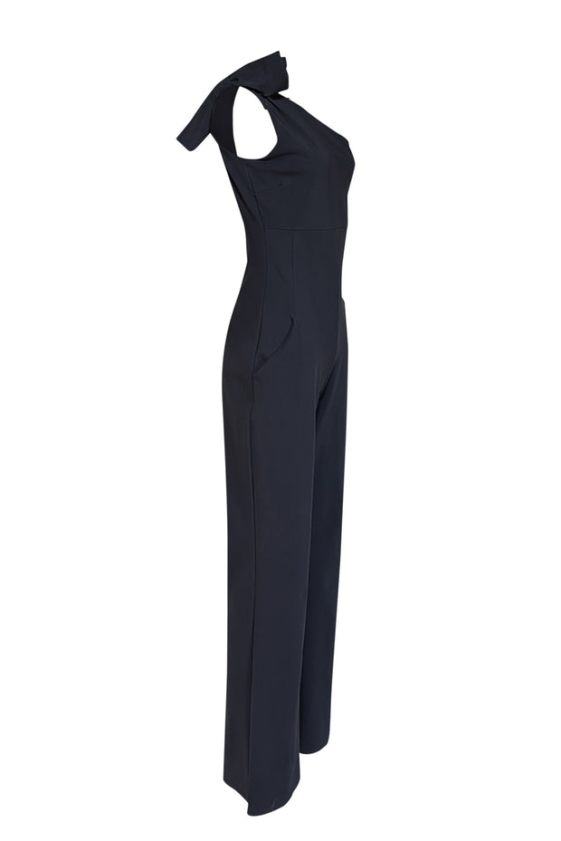 Current Boutique-Chiara Boni - Black Sleeveless Bow One Shoulder Jumpsuit Sz 10