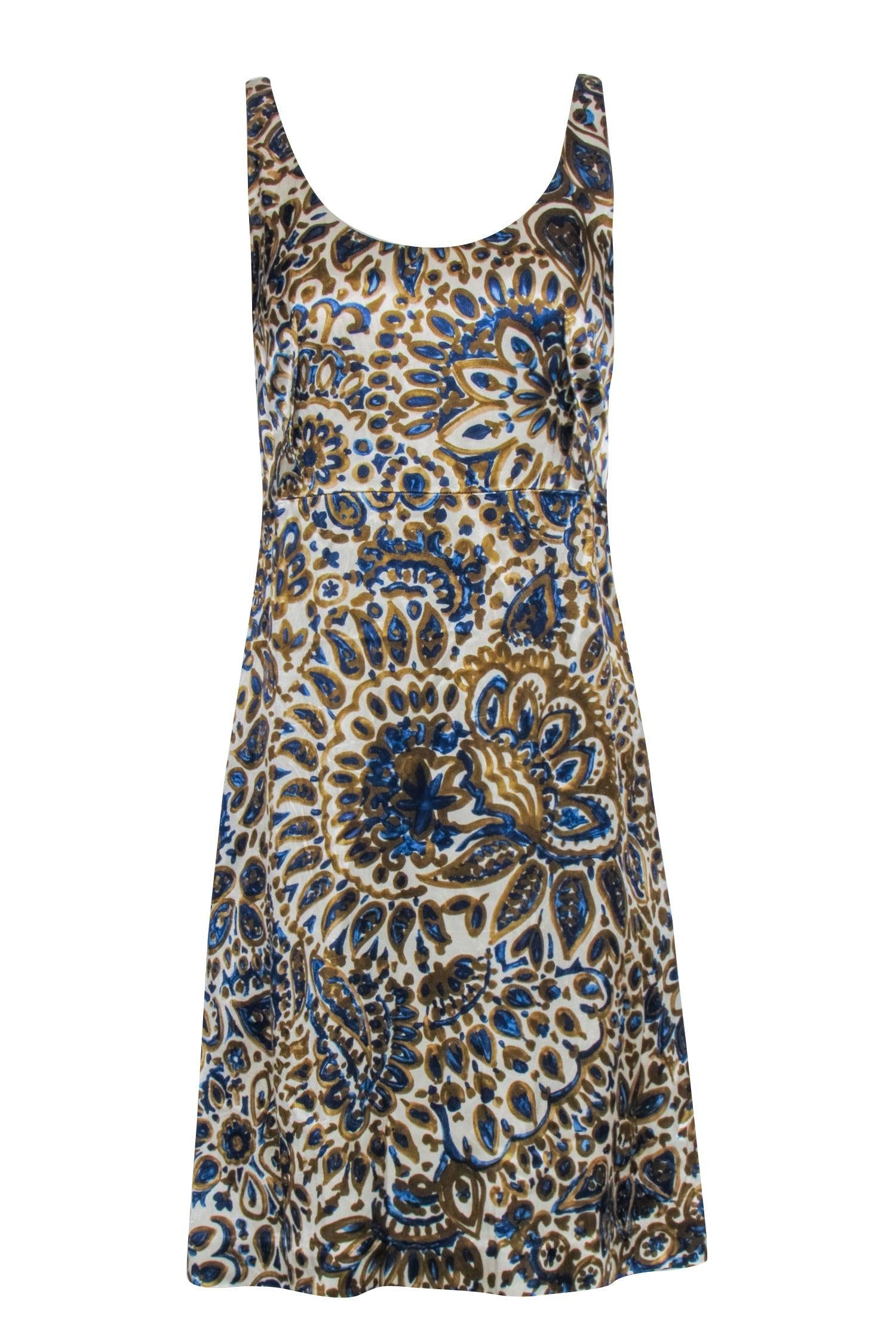 Chloe - Cream, Gold, & Blue Print Sleeveless Dress Sz 6 | Current Boutique Chloe - Cream, Gold, & Blue Print Sleeveless Dress Sz 6 | Current Boutique