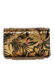 Current Boutique-Christian Louboutin - Gold & Black Print Clutch w/ Red Jewel Detail