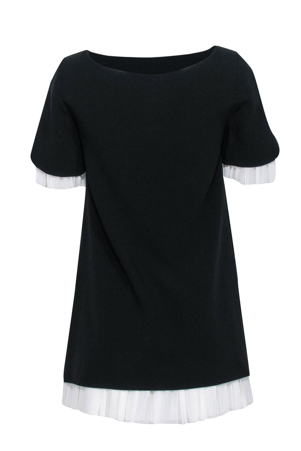 Cinq a Sept - Black Short Sleeve Pleated Mini Dress w/ White Accent Sz Cinq a Sept - Black Short Sleeve Pleated Mini Dress w/ White Accent Sz