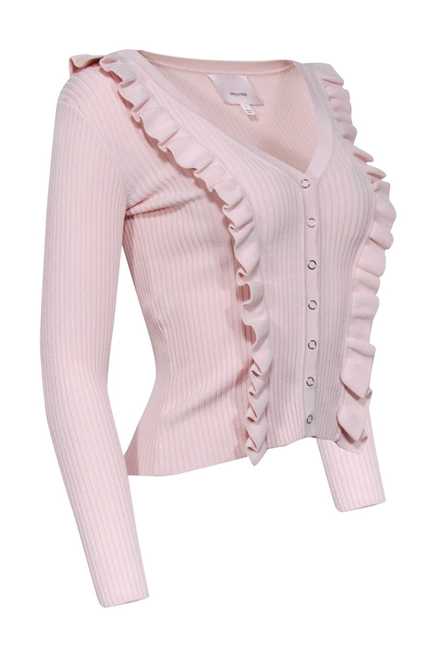 Current Boutique-Cinq a Sept - Light Pink V-Neckline Ruffled Trim Ribbed Top Sz S