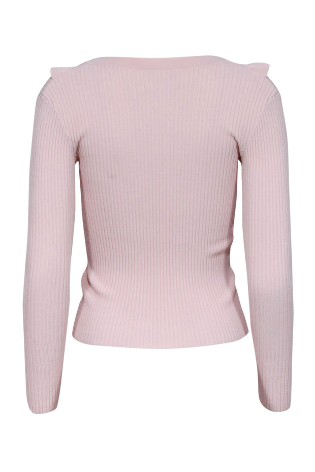 Current Boutique-Cinq a Sept - Light Pink V-Neckline Ruffled Trim Ribbed Top Sz S