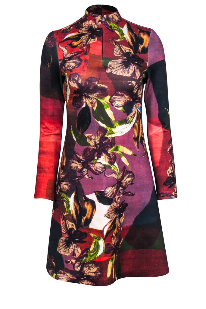 Clover Canyon - Brown Floral Print Long Sleeve Scuba Zipper Front Dress Sz S Clover Canyon - Brown Floral Print Long Sleeve Scuba Zipper Front Dress Sz S