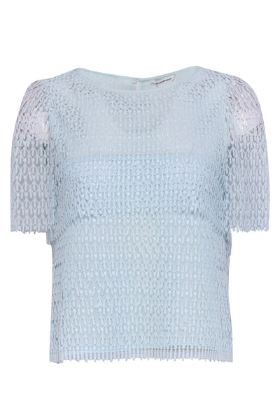 Current Boutique-Club Monaco - Light Blue Eyelet Textured Lace Short Sleeve Top Sz S