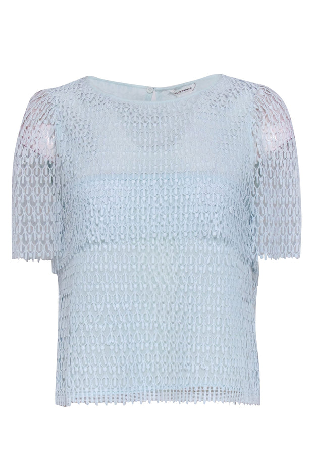 Current Boutique-Club Monaco - Light Blue Eyelet Textured Lace Short Sleeve Top Sz S
