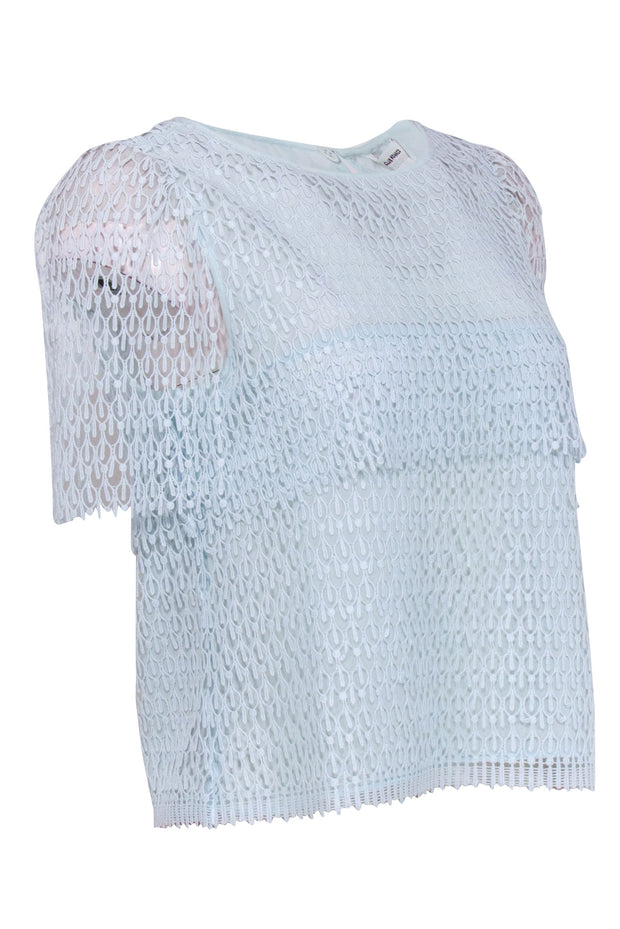 Current Boutique-Club Monaco - Light Blue Eyelet Textured Lace Short Sleeve Top Sz S