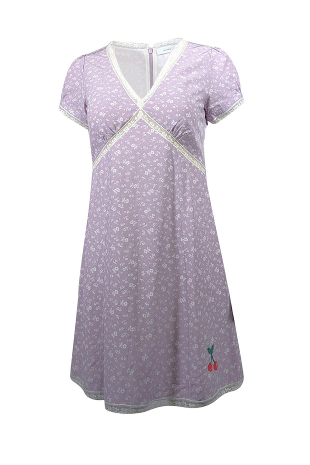 coach purple dress Coach Purple Floral V-Neck Lace Babydoll Milkmaid Dress Cherry Embroidery Sz 8