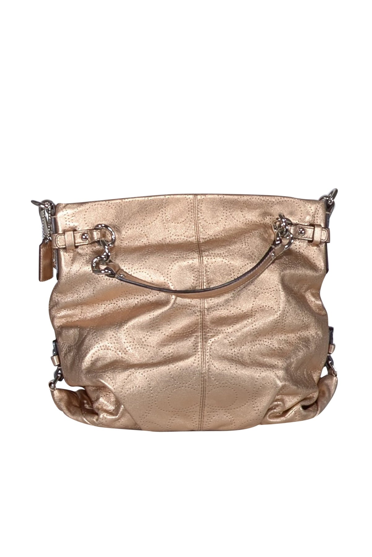 Coach - Rose Gold Metallic Leather Perforated Logo Shoulder Bag