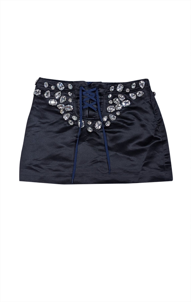 Cynthia Rowley - Black Satin Lace Up Front Jewel Embellished Skirt Sz 4 - Current Boutique