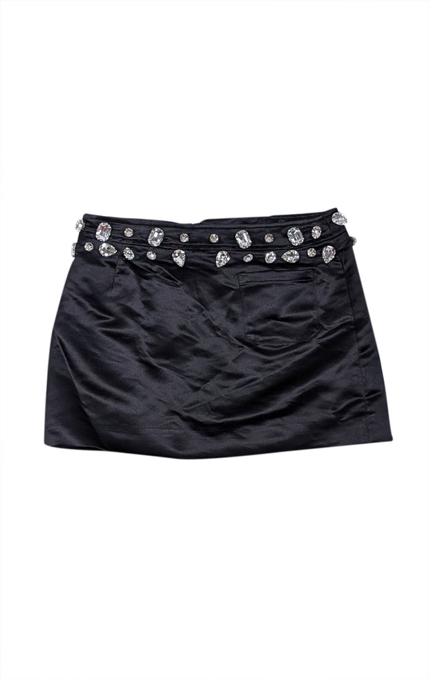 Cynthia Rowley - Black Satin Lace Up Front Jewel Embellished Skirt Sz 4 - Current Boutique