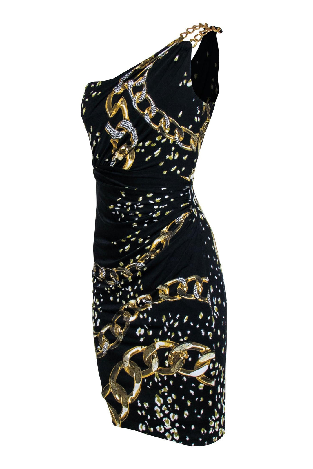 open lace back dress Bella Ruched Detail One Shoulder Dress Black Gold Foil – Girl In Mind main image 0
