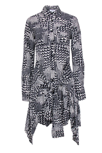Current Boutique-Derek Lam - Black & Cream Print Button Front Wrap Tie Bottom Dress Sz 0