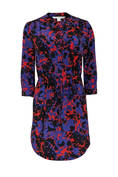 Diane von Furstenberg - Indigo, Red, & Black Print Long Sleeve Dress S Diane von Furstenberg - Indigo, Red, & Black Print Long Sleeve Dress S