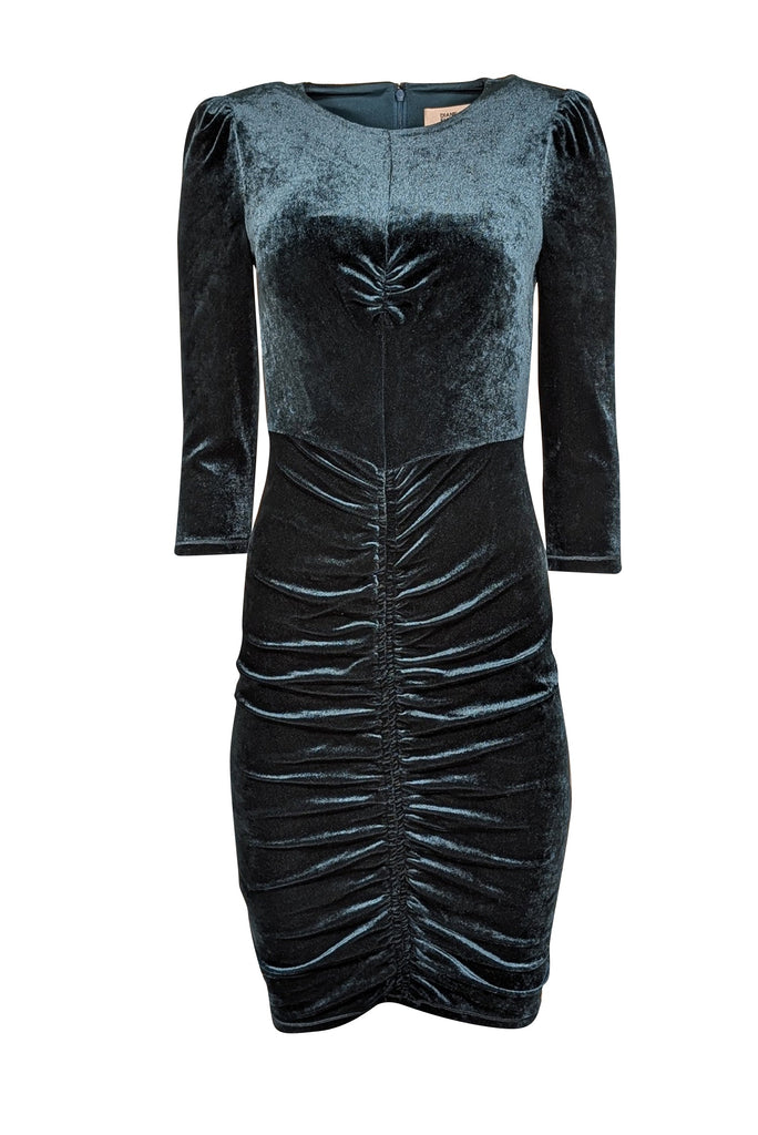Diane von Furstenberg - Green Velvet Ruched Long Sleeve Midi Dress Sz
