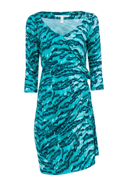 Current Boutique-Diane von Furstenberg - Bright Green & Teal Tiger Print Silk Dress Sz 6