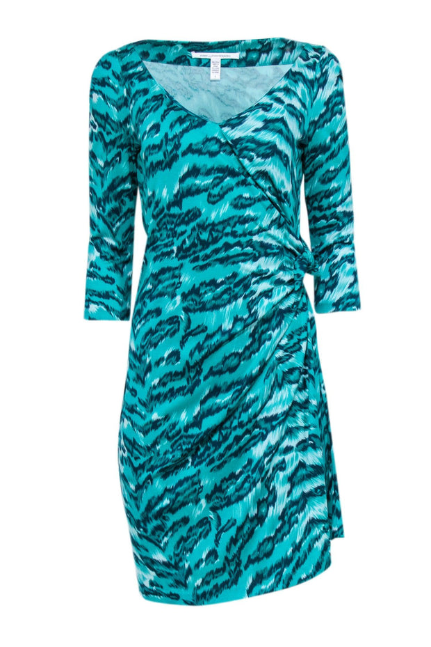 Current Boutique-Diane von Furstenberg - Bright Green & Teal Tiger Print Silk Dress Sz 6