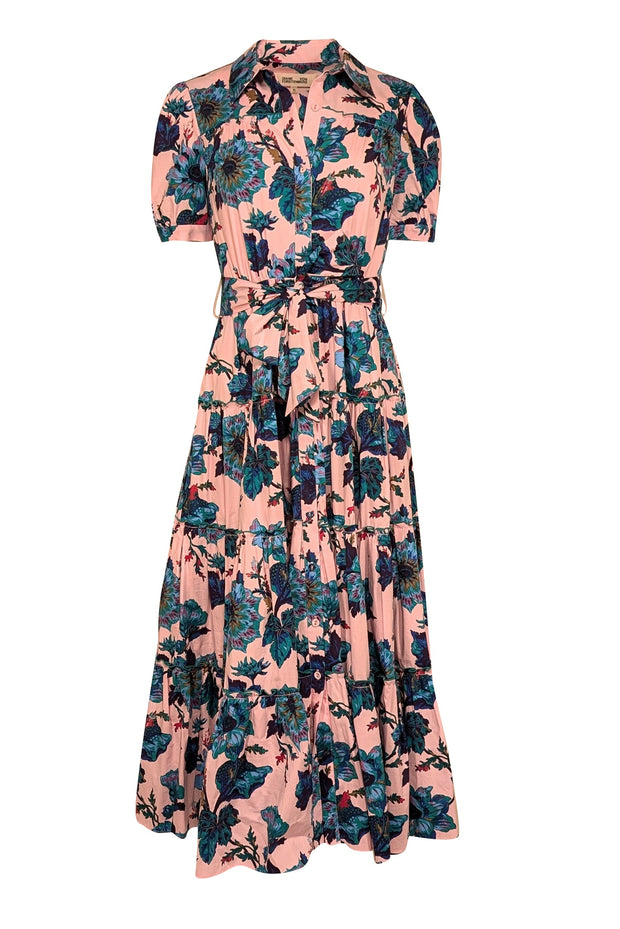 Diane von Furstenberg - Pink w/ Teal & Blue Floral Print Cotton Midi D