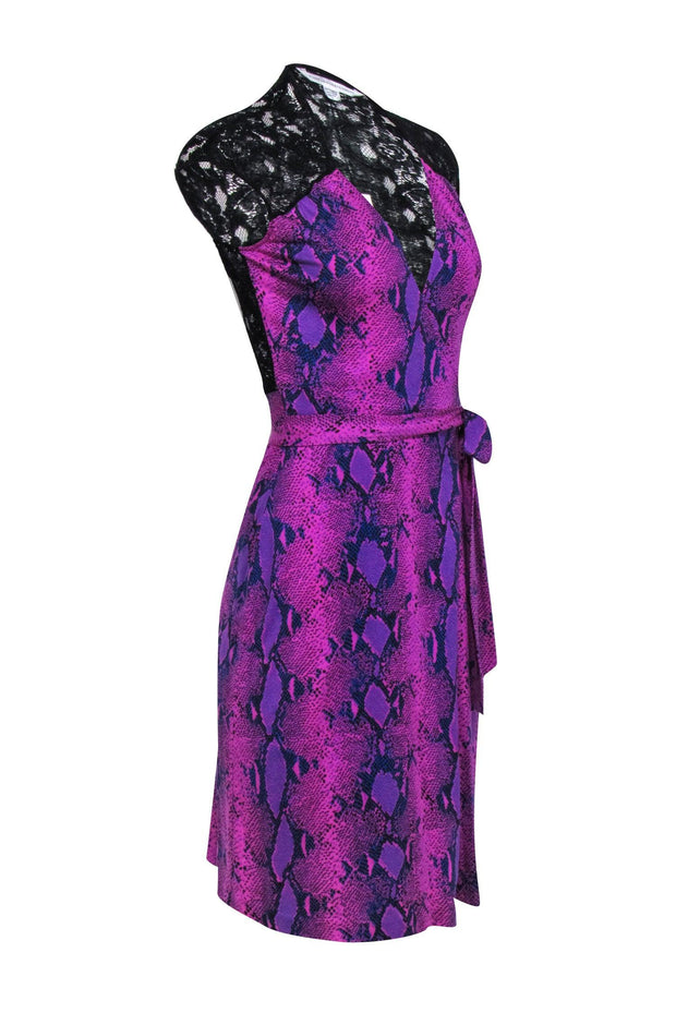 Current Boutique-Diane von Furstenberg - Pink & Purple Snakeskin Print Wrap Dress w/ Lace Back Sz 4