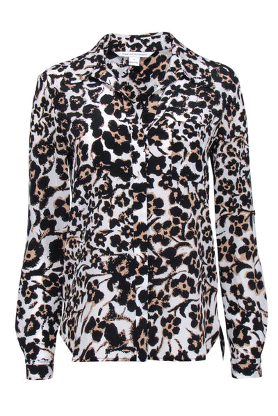 Current Boutique-Diane von Furstenberg - White w/ Tan & Black Floral Leopard Print Blouse Sz 4