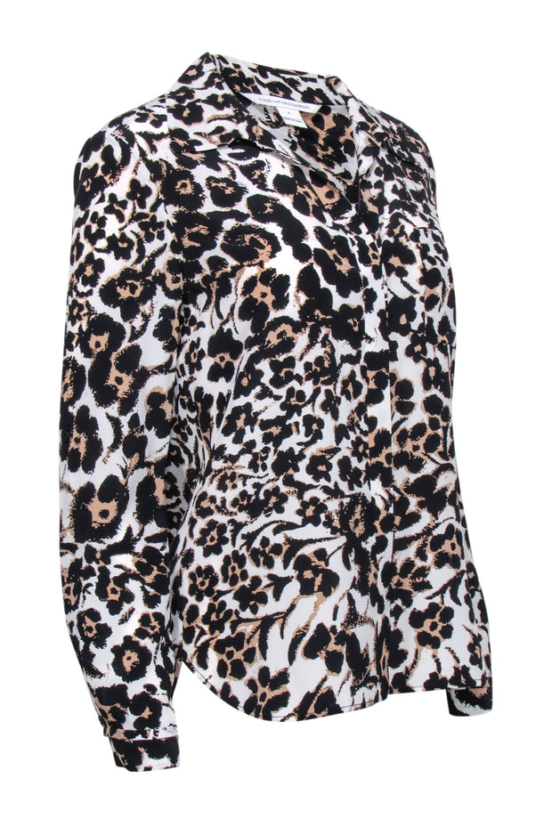 Current Boutique-Diane von Furstenberg - White w/ Tan & Black Floral Leopard Print Blouse Sz 4