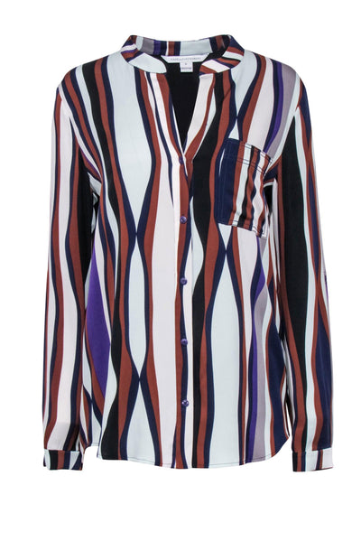 Current Boutique-Diane von Furstenberg - Blue & Brown Multicolor Striped Silk Blend Blouse Sz 10