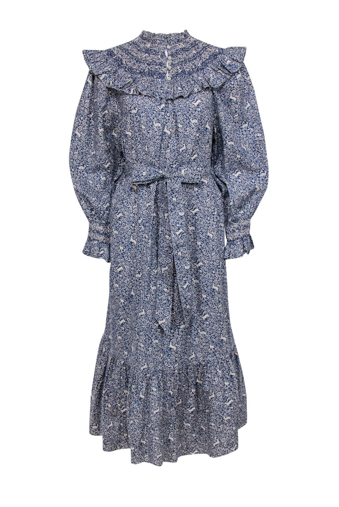 Doen - Blue w/ White Floral & Animal Print Ruffled Midi Dress Sz M