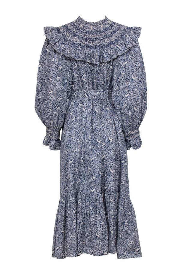 Doen - Blue w/ White Floral & Animal Print Ruffled Midi Dress Sz M Doen - Blue w/ White Floral & Animal Print Ruffled Midi Dress Sz M