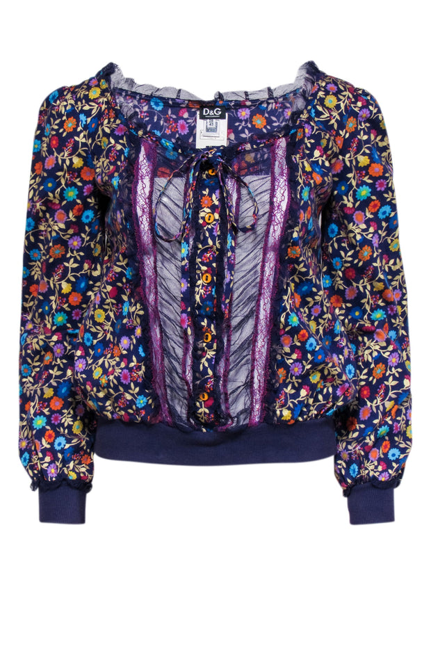 Current Boutique-Dolce & Gabbana - Purple Floral Print Lace Button Front Blouse Sz 6