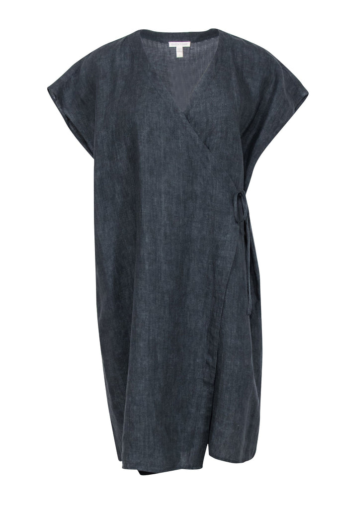 Eileen Fisher - Dark Grey Chambray Organic Linen Wrap Dress Sz S Eileen Fisher - Dark Grey Chambray Organic Linen Wrap Dress Sz S