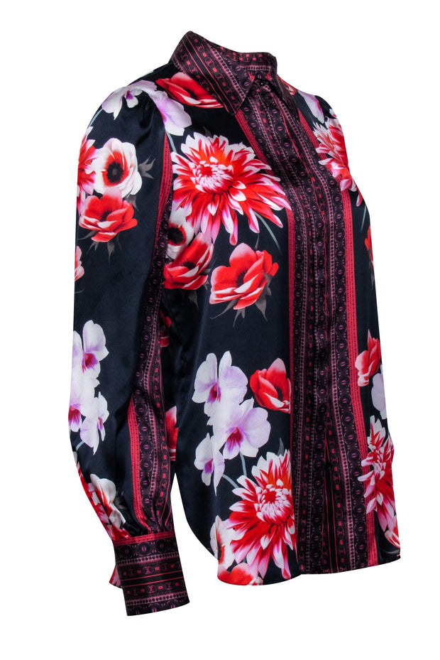 Current Boutique-Elie Tahari - Black w/ Red & Purple Floral Scarf Print Silk Blouse Sz S