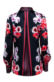 Current Boutique-Elie Tahari - Black w/ Red & Purple Floral Scarf Print Silk Blouse Sz S
